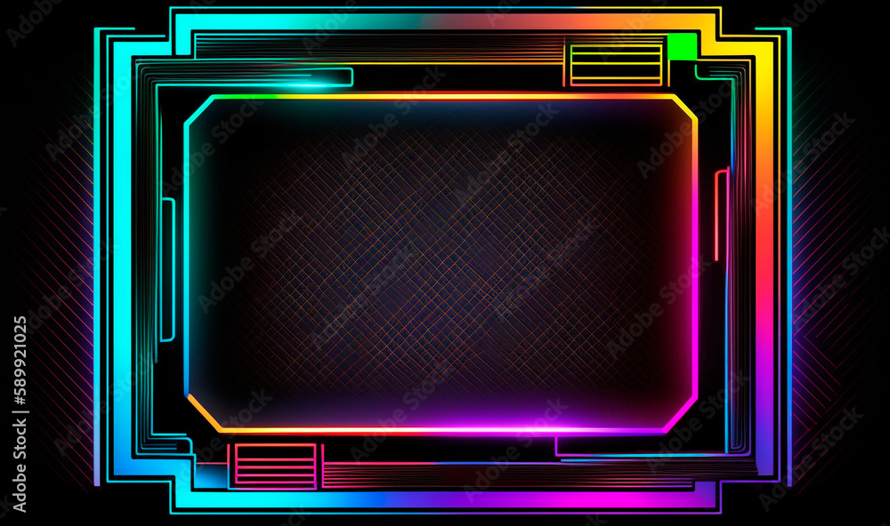 Neon glowing cyber frame background. Techno rectangular lines and digital circuit with reflection stripes in 3d futuristic electro cyberpunk design Neon glowing cyber frame background. Techno rectangular lines and digital circuit with reflection stripes in 3d futuristic electro cyberpunk design