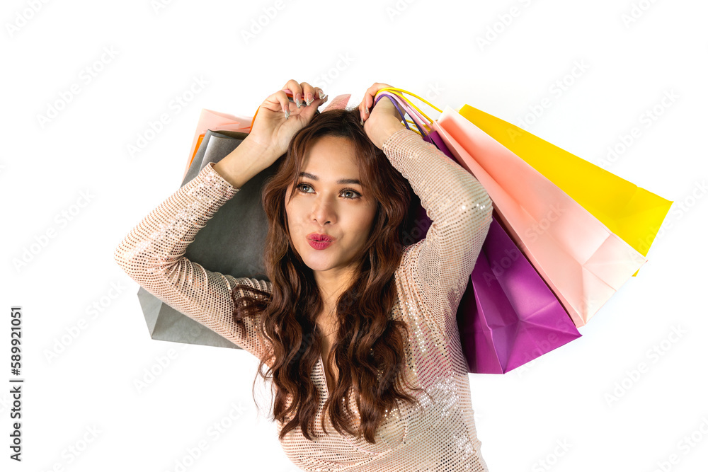 Happy Asian Woman with Shopping Bags, isolated on white background Happy Asian Woman with Shopping Bags, isolated on white background