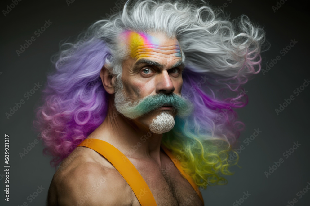Middle aged man funny portrait with hipster hairstyle and beard. Generative AI. Middle aged man funny portrait with hipster hairstyle and beard. Generative AI.