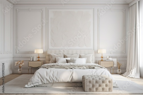 Modern bedroom Interior   Loft and modern bedroom in white   3D render image   Beautiful Furnished Bedroom in New Luxury Home   Bedroom interior. 3d render  Generative AI