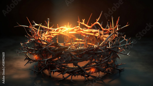 Close up of crown of thorns with shining light with dark background. AI generative and religion concept