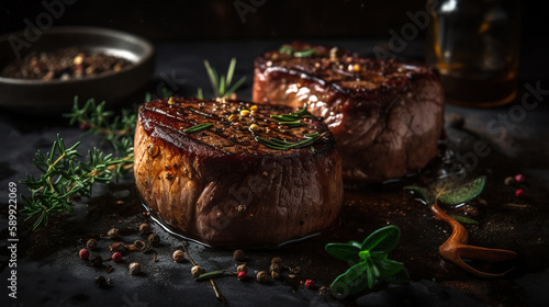 Fotografija grilled beef fillet steaks with herbs and spices on dark background