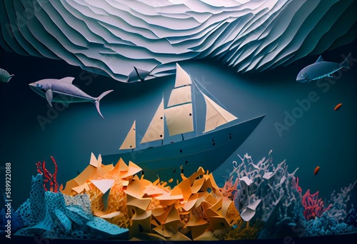 Banner illustrating a marine sea diorama made of paper origami. Generative AI photo