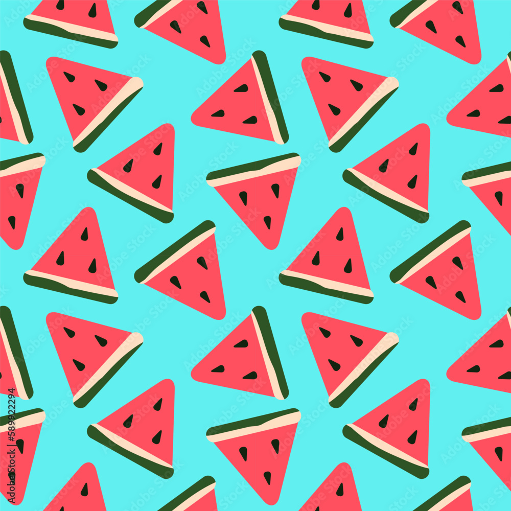 Abstract triangular summer fruits colorful seamless pattern. Sliced watermelon with seeds background. Vector illustration Abstract triangular summer fruits colorful seamless pattern. Sliced watermelon with seeds background. Vector illustration