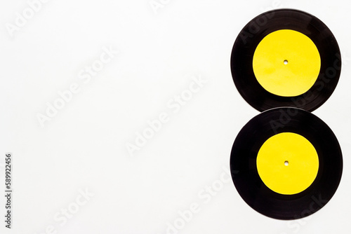 Retro style records top view. Listen to the music concept