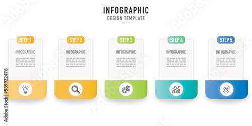 Rectangular 3D origami infographic template or element with 5 step, process, option, colorful icons, rectangle, square, button, tag, circle, circular, label for sale slide, internet, website, web note