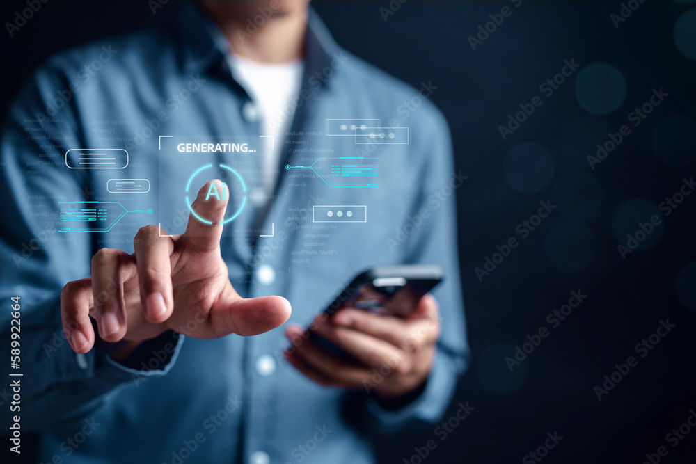 Ai Technology System. Businessman using chat bot intelligence Ai. Chat with AI Artificial Intelligence, developed by OpenAI generate. Futuristic technology, robot in online system. Ai Technology System. Businessman using chat bot intelligence Ai. Chat with AI Artificial Intelligence, developed by OpenAI generate. Futuristic technology, robot in online system.