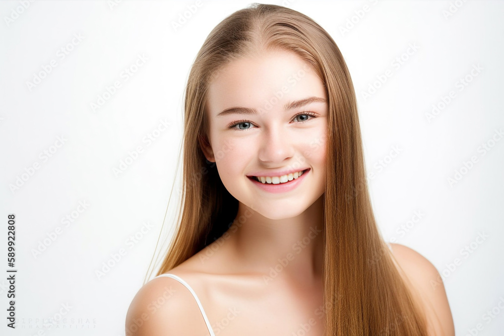 Portrait of Beautiful AMERICAN EUROPEAN Woman with her Smooth skin look at camera on White background in Studio light. generative AI. Portrait of Beautiful AMERICAN EUROPEAN Woman with her Smooth skin look at camera on White background in Studio light. generative AI.