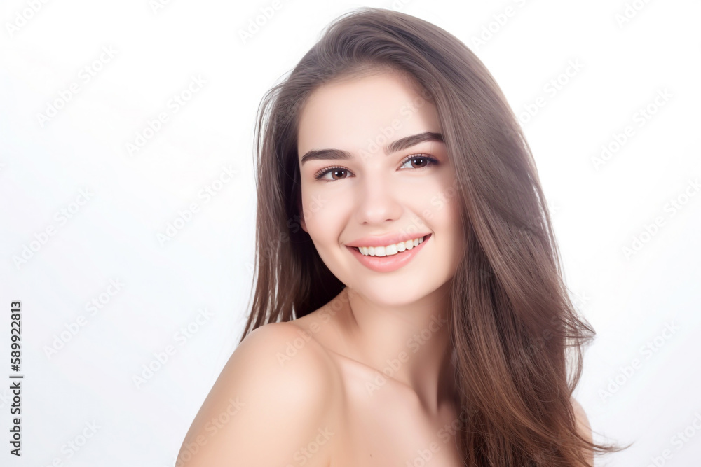 Portrait of Beautiful AMERICAN EUROPEAN Woman with her Smooth skin look at camera on White background in Studio light. generative AI. Portrait of Beautiful AMERICAN EUROPEAN Woman with her Smooth skin look at camera on White background in Studio light. generative AI.