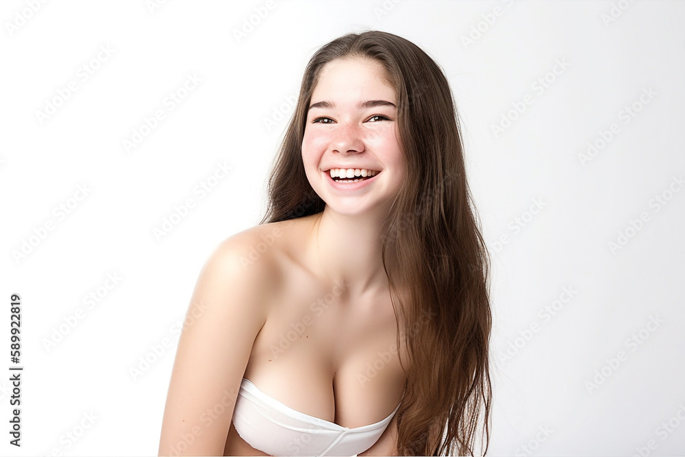 Obraz premium Portrait of Beautiful AMERICAN EUROPEAN Woman with her Smooth skin look at camera on White background in Studio light. generative AI.