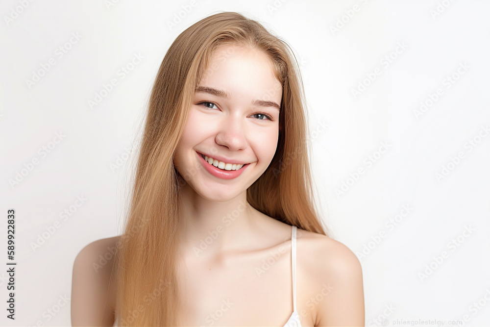 Portrait of Beautiful AMERICAN EUROPEAN Woman with her Smooth skin look at camera on White background in Studio light. generative AI. Portrait of Beautiful AMERICAN EUROPEAN Woman with her Smooth skin look at camera on White background in Studio light. generative AI.