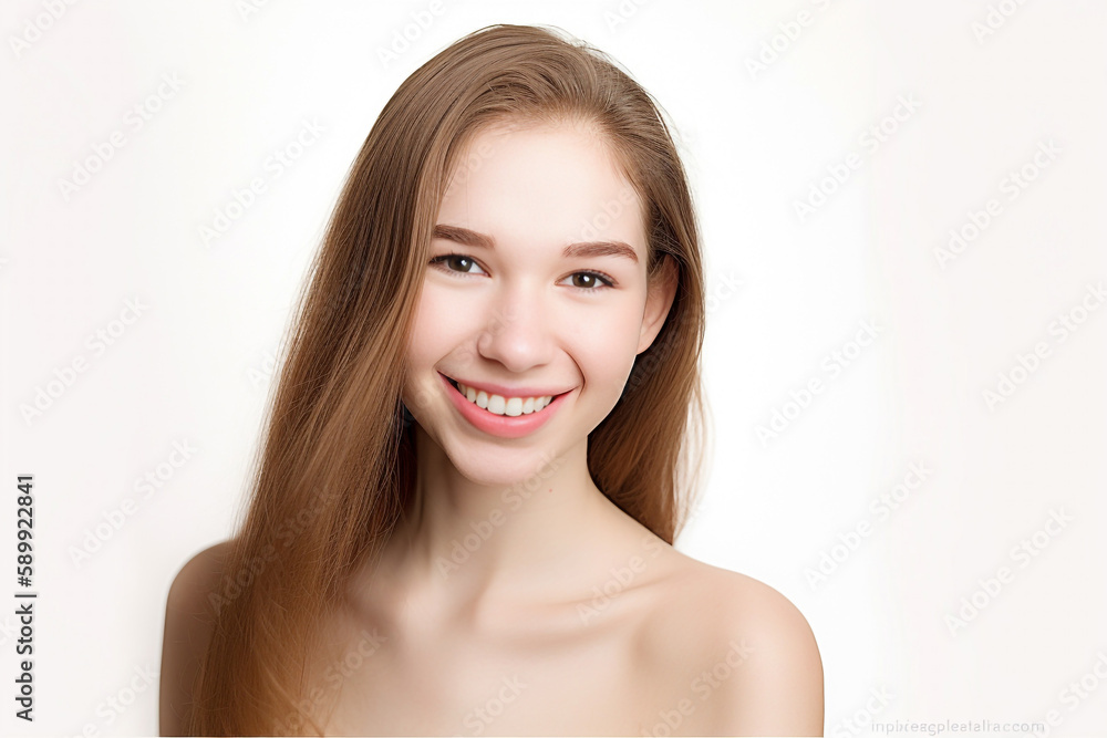 Portrait of Beautiful AMERICAN EUROPEAN Woman with her Smooth skin look at camera on White background in Studio light. generative AI. Portrait of Beautiful AMERICAN EUROPEAN Woman with her Smooth skin look at camera on White background in Studio light. generative AI.