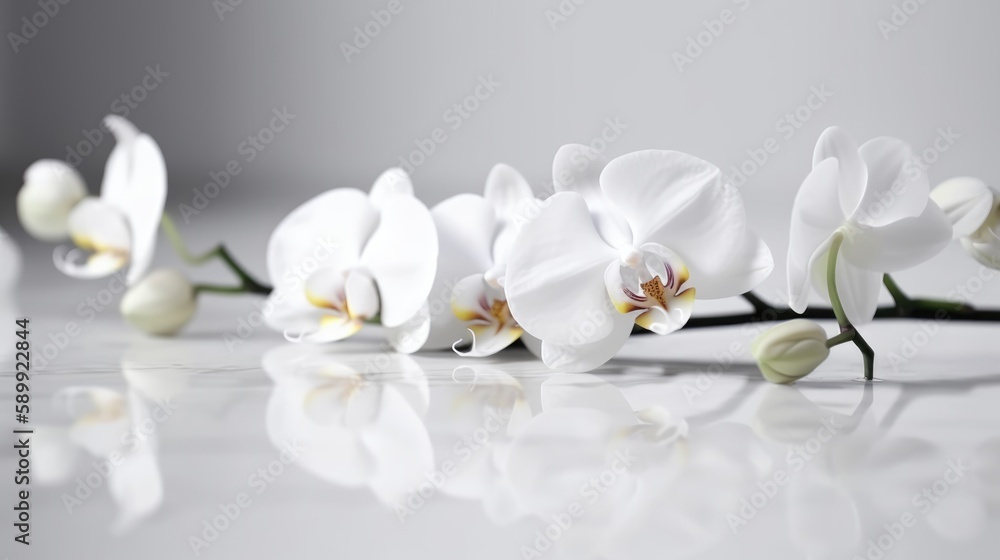 White orchid flowers on white floor. Generative AI White orchid flowers on white floor. Generative AI