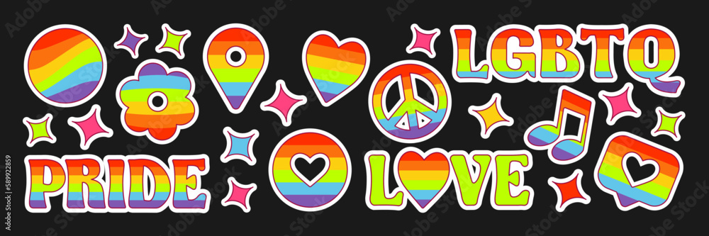 Vector set of LGBTQ community shape with pride flags, retro rainbow ...