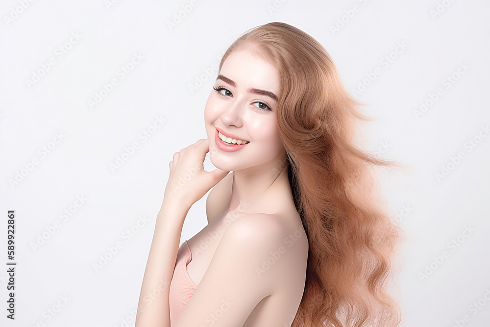 Portrait of Beautiful AMERICAN EUROPEAN Woman with her Smooth skin look at camera on White background in Studio light. generative AI. Portrait of Beautiful AMERICAN EUROPEAN Woman with her Smooth skin look at camera on White background in Studio light. generative AI.