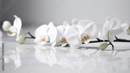 White orchid flowers on white floor. Generative AI