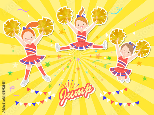 笑顔でチアダンスをしているかわいい子供達のイラストセット