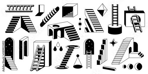Surreal ladders. Abstract geometric elements of modern stairs, retro black monochrome stairs with geometric shapes. Vector isolated set photo