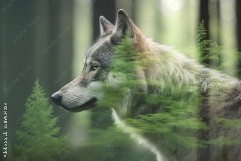 Fototapeta premium Wolf in nature double exposure. Generative AI illustration