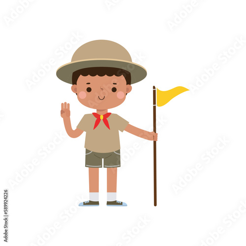 Cute african american little kid holding flag, boy scout or girl scout honor uniform, kids summer camp, Happy children cartoon flat character isolated vector illustration on white background