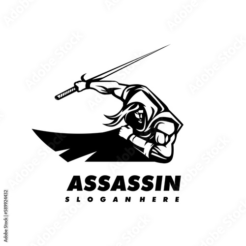 Assassin logo design vector. Ninja use sword in black and white