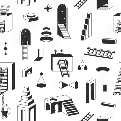 Geomteric ladders pattern. Seamless print of 3d stairs with holes and gaps, modern minimal backdrop for textile and wallpaper design. Vector texture