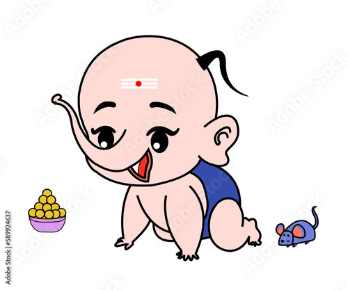 Happy baby lord ganesha with sweet or laddu and mouse on isolated background