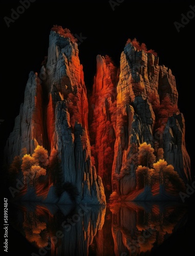 Zhangjiajie's Majestic Red and Golden Mountains Towering Against a Dark Background