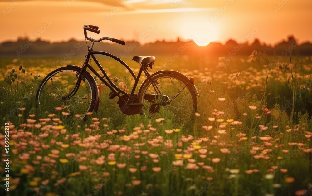 Naklejka premium Beautiful landscape image with Bicycle at sunset, Generative AI