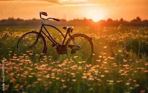 Beautiful landscape image with Bicycle at sunset, Generative AI © amankris99