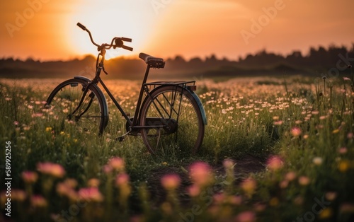 Beautiful landscape image with Bicycle at sunset, Generative AI © amankris99