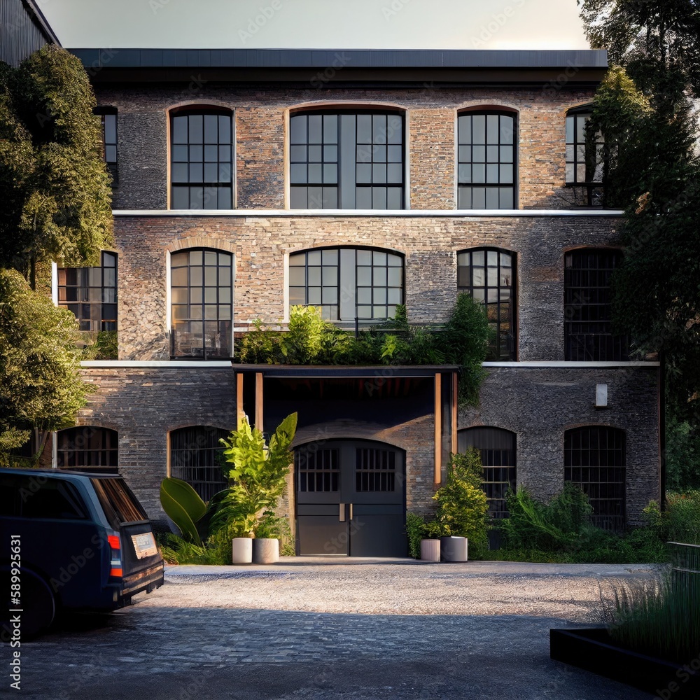 Realistic Exterior of a Luxurious Industrial Warehouse with Impeccable Design and Spacious Parking Area