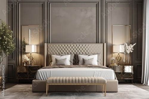 Modern contemporary loft bedroom   Luxurious large bedroom   Luxury double bedroom with golden furniture in royal interior   Luxurious bedroom with gilt double bed and bedside tables  Generative AI