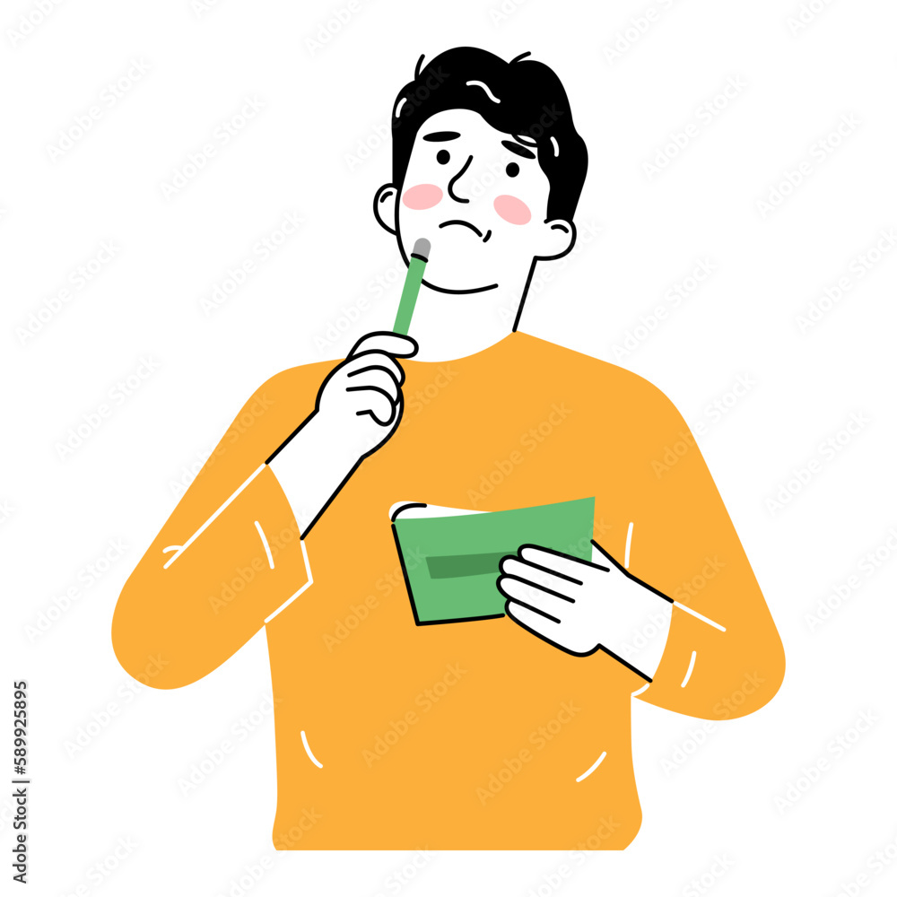 Take notes in your notebook. A man is holding a pencil or a pen and a notebook making a thoughtful gesture. Hand drawn style vector design illustration, outline, linear, thin line, doodle art.