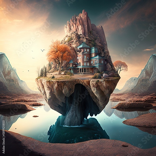 Otherworldly Landscape: Floating Islands and Waterfalls