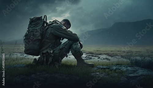Soldier Kneels in Defeat, Hands on Ground