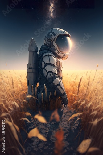 Astronaut in a Futuristic Spacesuit Standing on Unknown Terrain