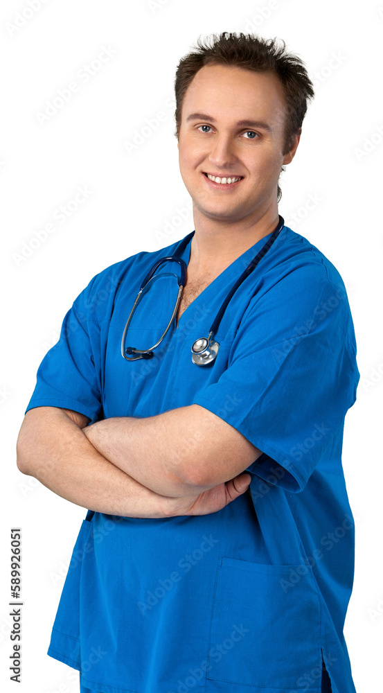 Handsome young male doctor in uniform standing with arms crossed on white background Handsome young male doctor in uniform standing with arms crossed on white background