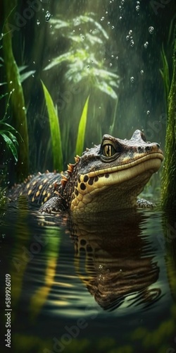 Captivating Close-Up of a Crocodile Gliding Through a Superimposed Lake