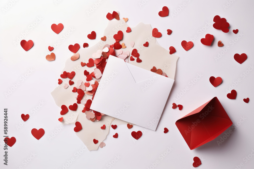 White envelope with hearts. Illustration AI Generative. White envelope with hearts. Illustration AI Generative.