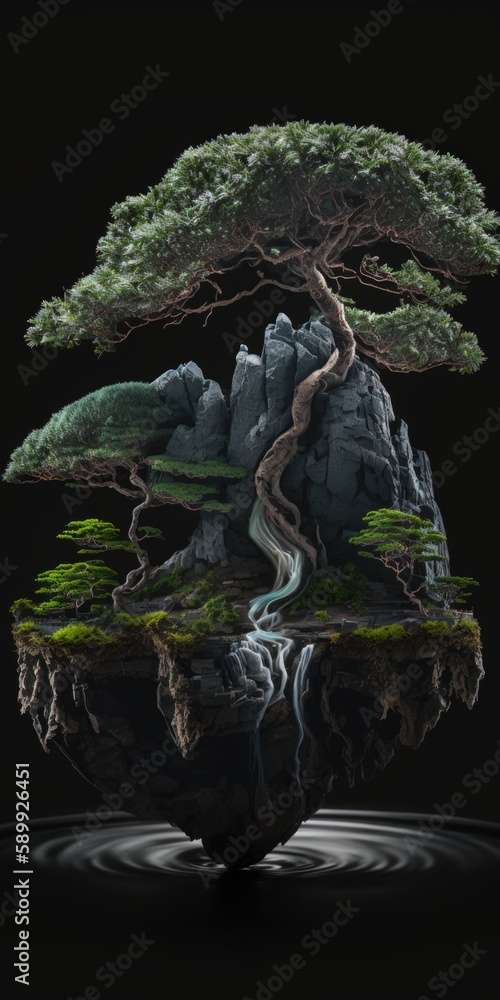 Captivating Macro Photography of Bonsai Citadel on a Mysterious Dark Background