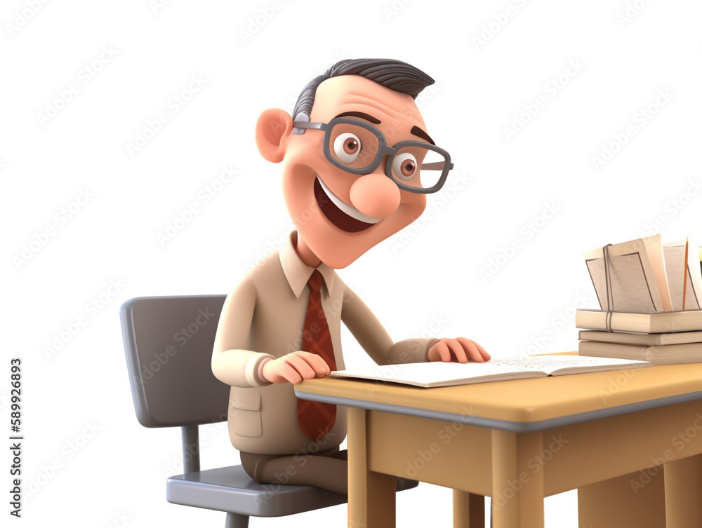 3D cartoon illustration showing a teacher teaching in the classroom. The teacher's face shows his determination to teach. Isolated on white background.