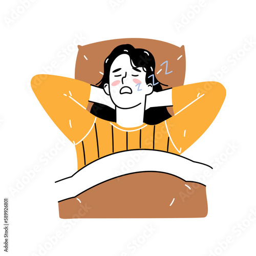 Cute young woman sleeping peacefully. rest or nap. concept of recharge, dream. Hand drawn style vector design illustration, outline, linear, thin line, doodle art.