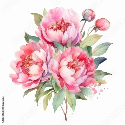 Elegant watercolor peony flower bouquet. Illustration AI Generative. © olegganko