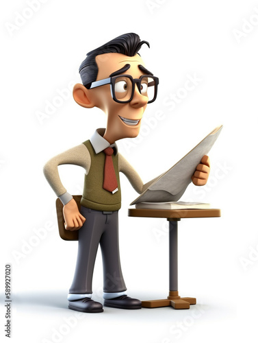 3D cartoon illustration showing a teacher teaching in the classroom. The teacher's face shows his determination to teach. Isolated on white background.