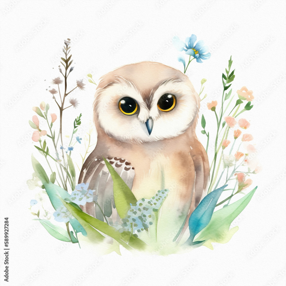 Obraz premium Cute baby owl in grass flower, pastel colors, flowers, watercolor illustration