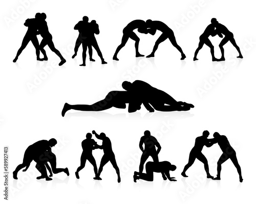 Set silhouettes athlete wrestler in wrestling, duel, fight, struggle, combating. Greco Roman wrestling, martial art, sportsmanship