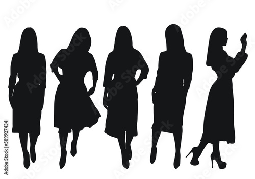 Vector silhouette of a business woman standing, fashion girl silhouette in a stylish dress. Business woman, entrepreneur, executive, fashionista