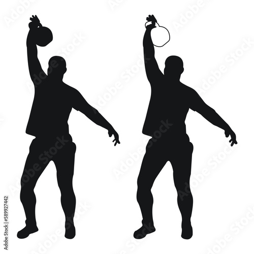 Set silhouettes athletes weight lifter lift kettlebell, weights. Weight lifting. Pull, push, bench press