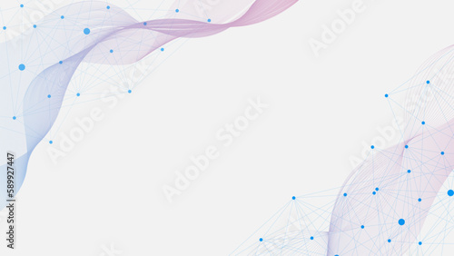 Abstract plexus with dots and lines connection and gradient wave flow background. Technology, digital data visualization, digital networking and communication design concept.
